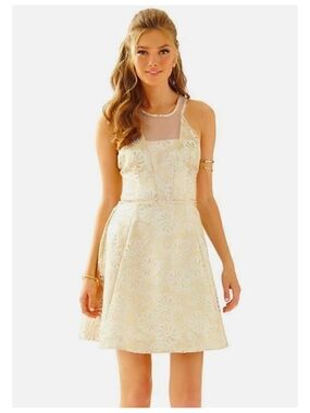 Lilly Pulitzer ELSIE Gold Metallic Flower Pique Jacquard Dress